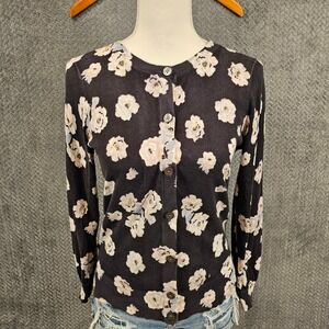 LOFT Petites Floral Cotton Button Front Cardigan Sweater Black White SP‎